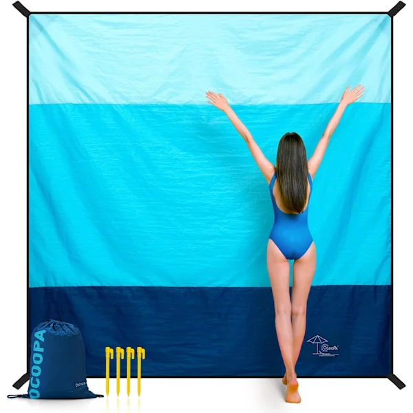 Strandteppe 210 x 200 cm stort, vanntett, sandtett, piknikteppe, for reiser, camping, ferie, etc.