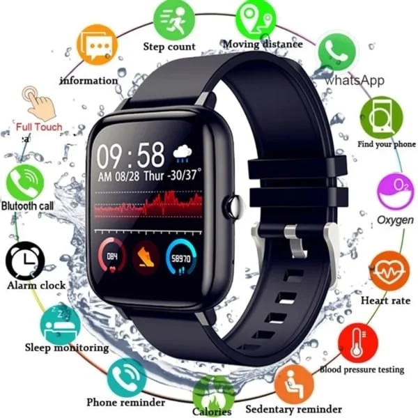 Smartklocka för Herr & Dam - Pulsmätning, Fitness, Bluetooth-Samtal, Vattentät, Sportklocka för Android & iOS (Svart)_yux