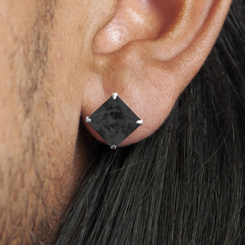 Lucid | 925 Sterling Silver 10mm Black Square Zirconia Stud Earring for Men - Stud earrings