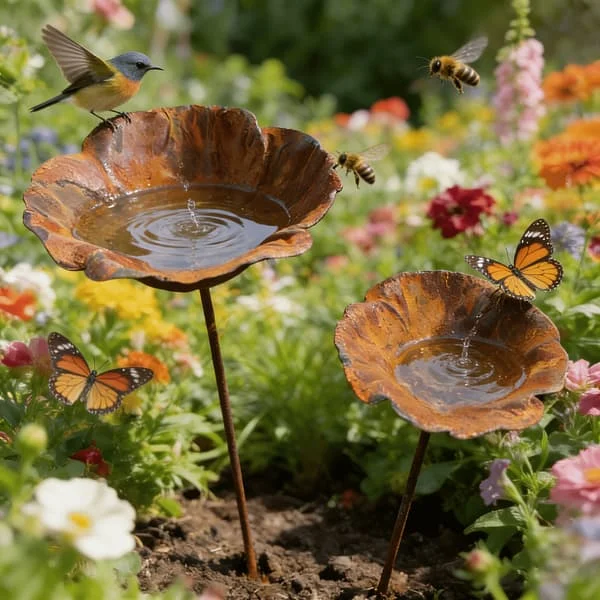 Vintage Metal Flower Garden Topper Decorative Bird Bath Patio Lawn Backyard Bird Feeder