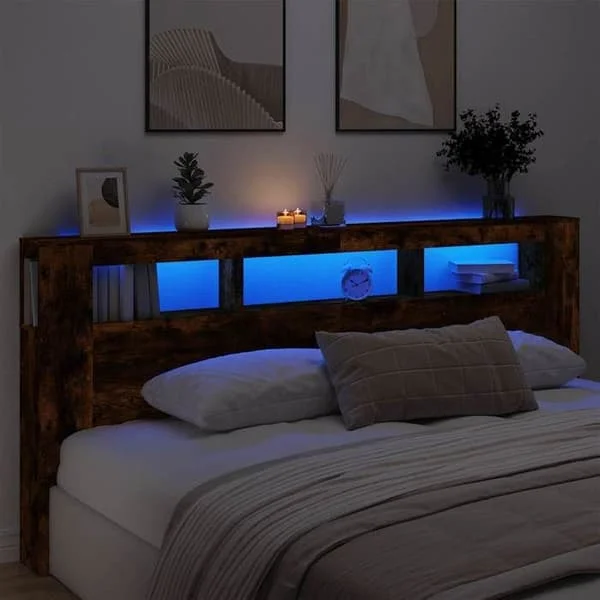 vidaXL LED-sänggavel, panel med förvaring, sängtillbehör, sänggavel för sängram i sovrummet, rökt ek 837376