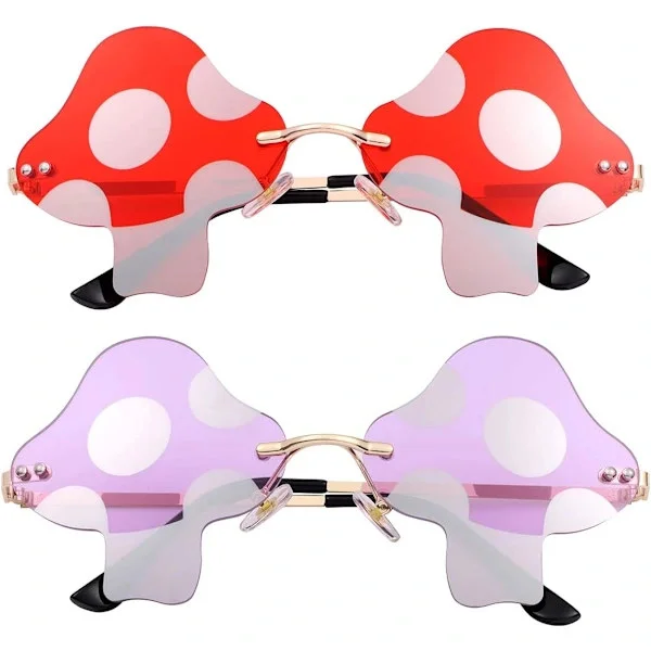 {YM}Mushroom Shaped Sunglasses for Women and Men, Vintage Rimless Sunglasses, Retro Rave Party Halloween Glasses (Gold/Red+Gold/Purple)_tfrf