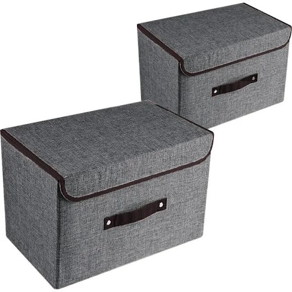 Sæt med 2 store opbevaringskasser med låg og håndtag Sammenklappelige linnedopbevaringsbeholdere Organizer Beholdere Kurve med aftagelig skillevæg til