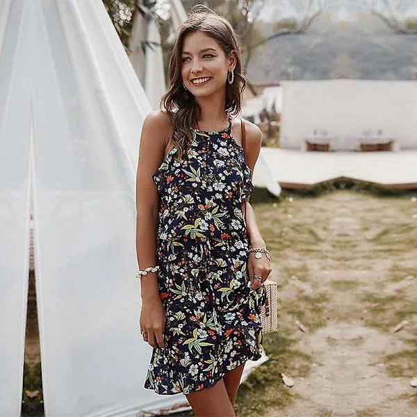 Sommer Slim Halter Print Kjole Kvinner Uformell Ermeløs Volanger Over Kne Mini Blomster Rød Hvit Marineblå S-XL