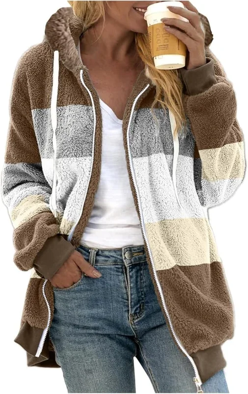 Luvjacka dam teddy fleece kappa övergångsjacka med huva med fickor dragkedja höst vinter plysch jacka fleece jacka vinter 3XL J Khaki