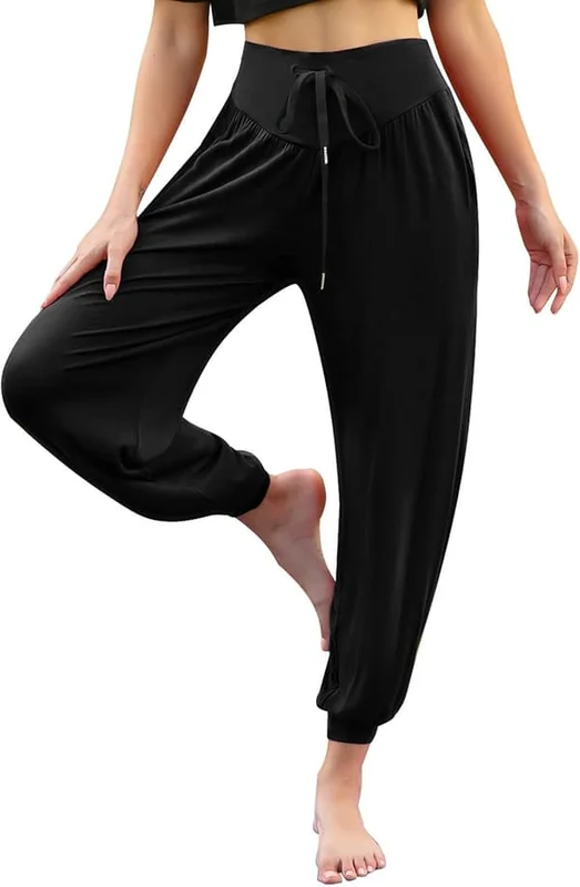 Yoga Bukser til Kvinder Blød Bomuld Modal Sweatpants med Lommer Casual Harem Lounge Bukser Atletiske Snøre Joggingbukser