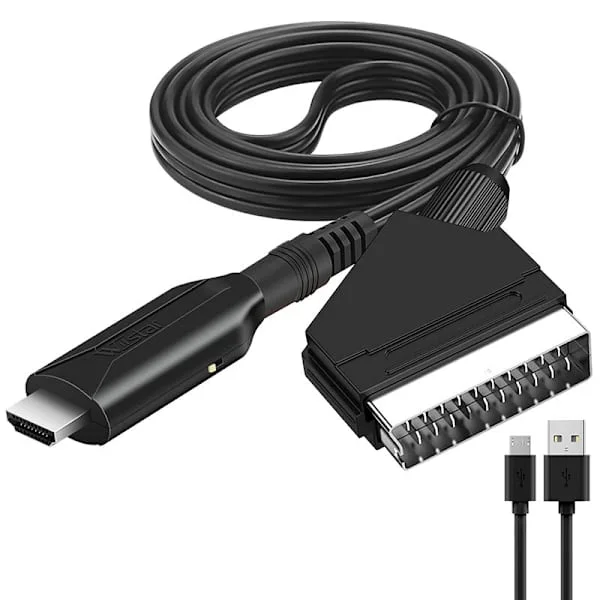 HDMI till SCART videokonverteringskabel, med PAL-NTSC-omkopplare, digital-till-analog adapter, 5V DC strömförsörjning, kompatibel med DVD, PS4 och TV-