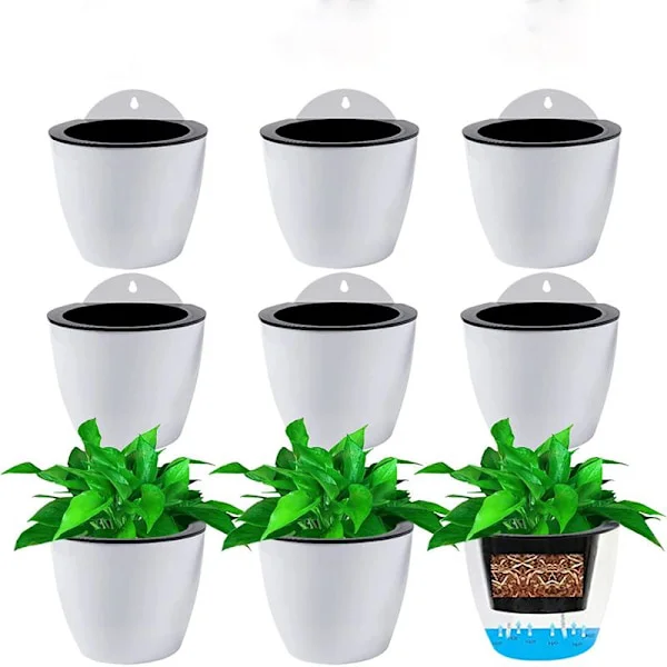 White - Set of 6 Hanging Planters Hanging Pots Plastic Wall