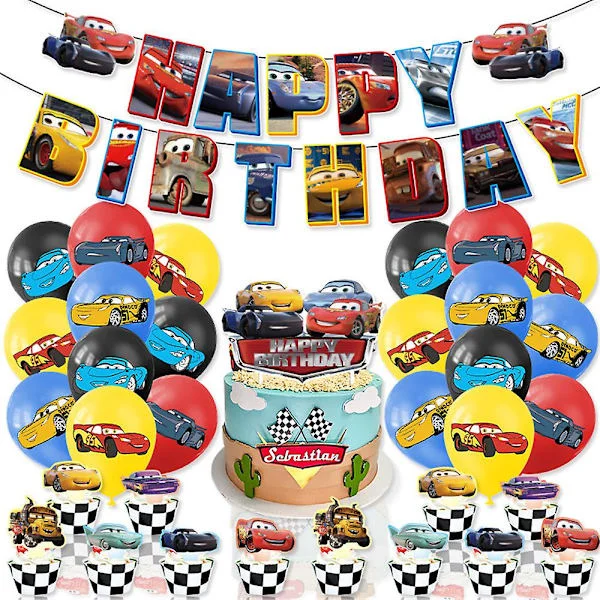 2024 Bilar Blixten McQueen Födelsedagsfesttillbehör Set Grattis På Födelsedagen Banderoll, Ballonger, Tårta Toppar Barn Pojkar Fest Dekoration (FMY)