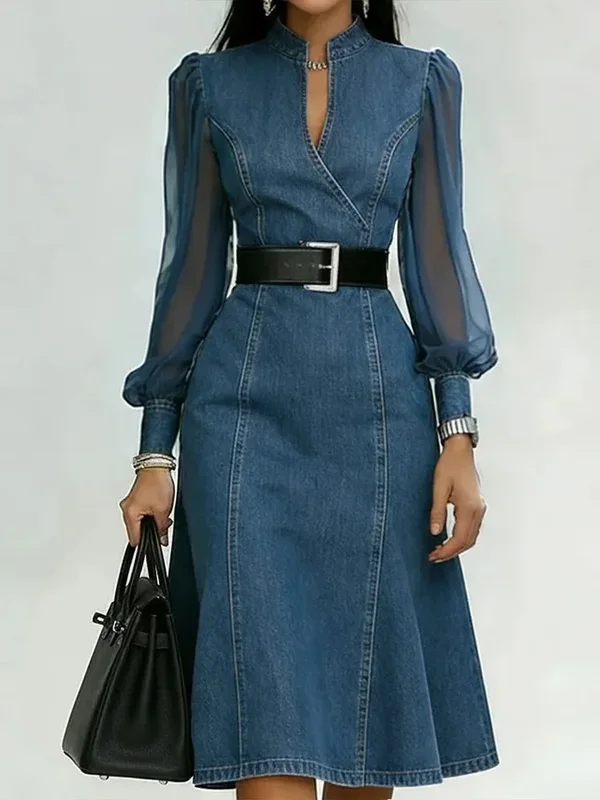 AliExpress - Streetwear Denim A-Linien-Kleid Sommer Damen Tüll Puffärmel Durchsichtig V-Ausschnitt Maxi-Kleider Vintage Jeanskleid Mit Gürtel