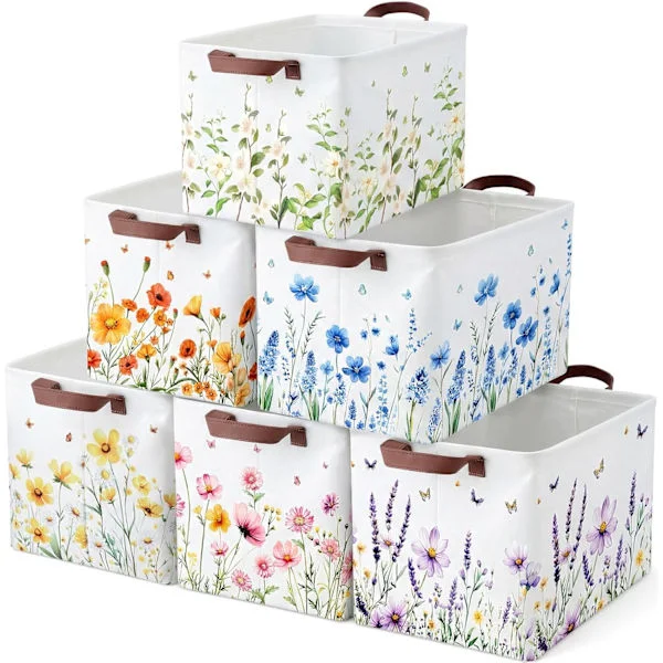 6-pakning blomsteroppbevaringskurv med håndtak, klesbeholder, sammenleggbar boks, oppbevaringsbeholdere for skap, hylle, barnerom, bokhylle, 