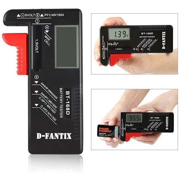 Digital batteritestare. Universell batteritestare. Batteritestare. För AA, AAA, CD, PP3, 9V, 1.5V och knappcellsbatterier - Fungerar utan batterier.