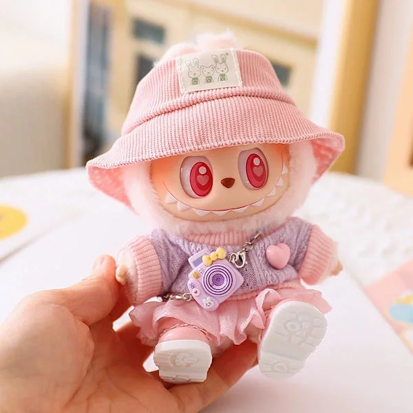 17 cm Labubu kläder, hatt, glasögon, kläder, kjol, skor (rosa)