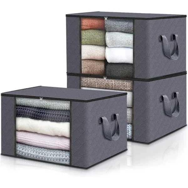 Clothing Storage Boxes, Storage Bags for Clothes, Wardrobe Organizer, with Reinforced Handles (Dark Grey, 3-Pack)