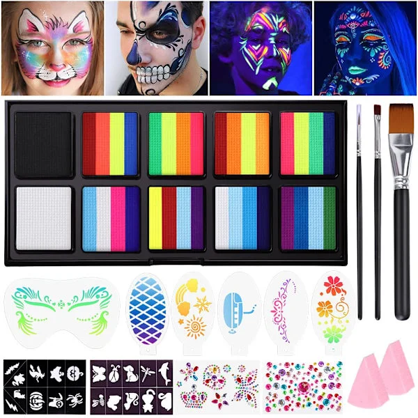 Regnbue ansiktsmaling sett - UV-fluorescerende delt kake, vannaktivert kroppsmaling for barnas Halloween, karneval og påske