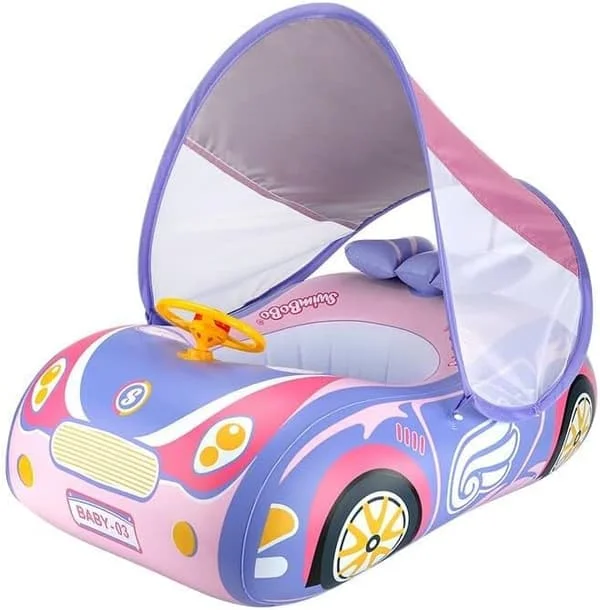 Inflatable Car Pool Float for Toddlers, Baby Swimming Ring with Adjustable Sun Canopy and Safety Seat, Pool Toys for Kids 1-4 Years