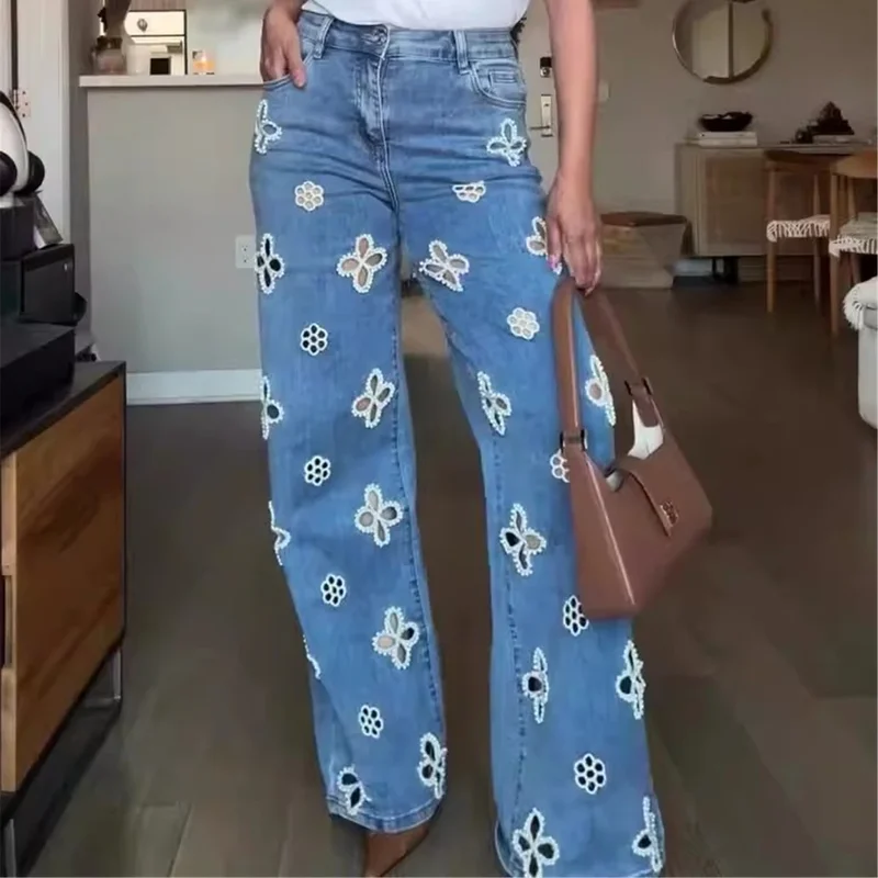 AliExpress - Denim-Hose für Damen, Vintage-Jeans mit Ausschnitten, Lange Hose mit Hoher Taille, Gerade Hose, Y2k Streetwear, Elegante Patchwork-