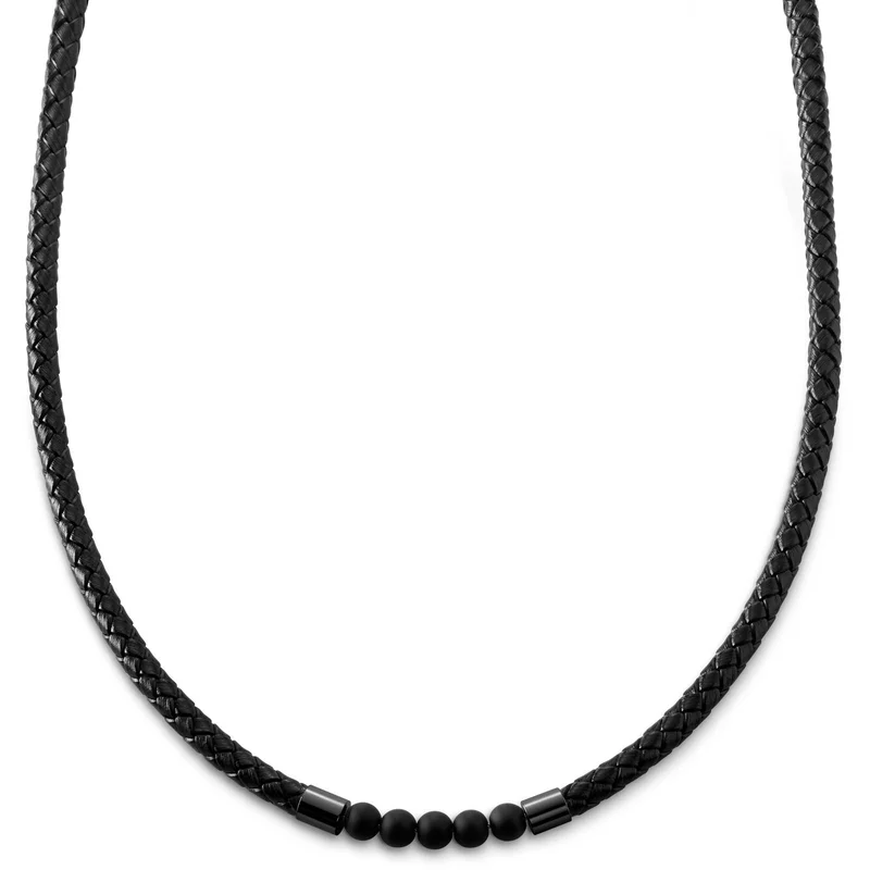 Tenvis | 5 mm Black Onyx Leather Necklace for Men - Leather necklaces