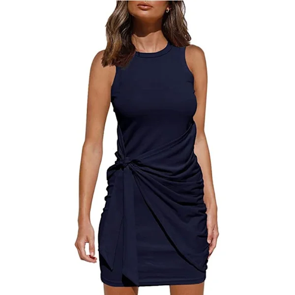 2023 Damer sommar Casual ärmlös strandtankklänning Bodycon Ruched miniklänningar Navy blue