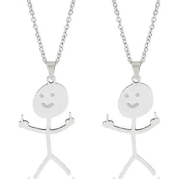 Roliga Doodle-halsband, personligt Smiley Långfinger-halsband, Bästa vän-halsband för 2, Matchande rolig present till vänner (silver)