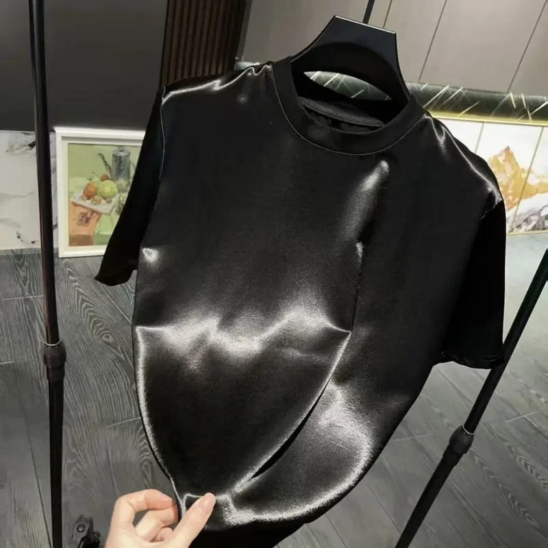 AliExpress - Sommerliches Acetat-Satin-T-Shirt für Herren, leichtes, glänzendes T-Shirt für Herren und Damen, hautfreundlich, trendig, hochwertig, 