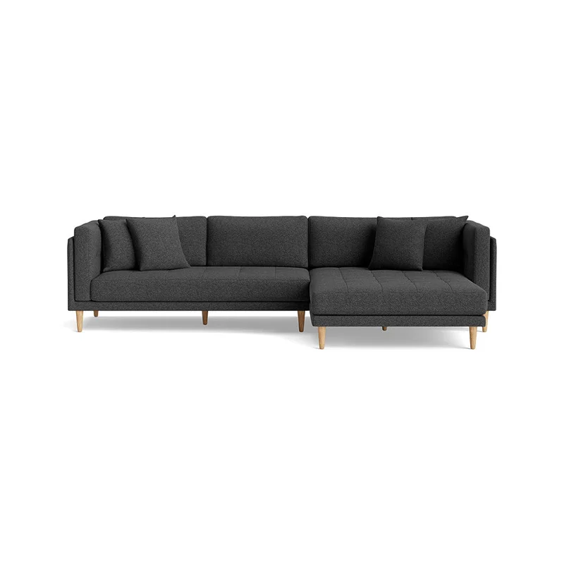 Cali chaiselong sofa, højrevendt - Hygge Mørkegrå - 295x170x76cm - Dobbelt chaiselong sofa med bøgetræsben & 4 pyntepuder