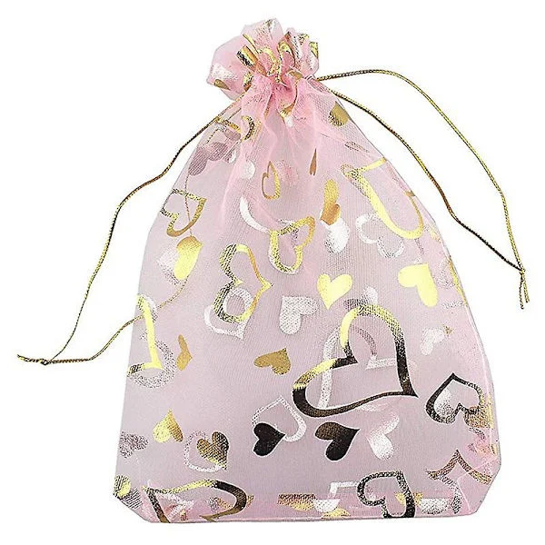 100 st 9x12cm Hjärtformade Rosa Organzapåsar Smyckespåsar Organzapåsar med Dragsko Bröllop