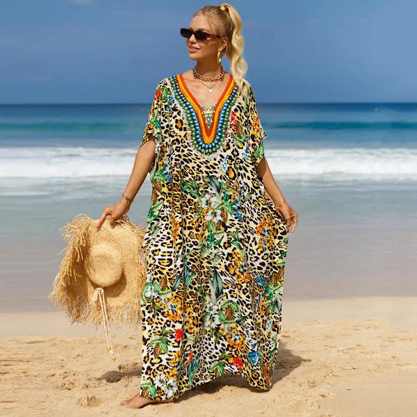 2026 Senaste Modell Kvinnor Plus Size Strand Cover-up Bohemisk Strandklänning V-ringad Fladdermusärm Robe Lös Strandklänning Baddräkts Cover-up