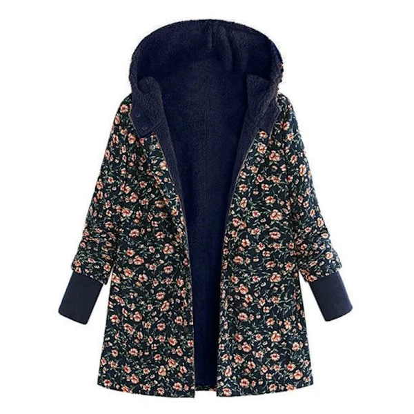 Grunnleggende jakker Vintervarme hettegensere Vintage blomstermønster fløyelsmyke jakker med lommer Langermet uformell Plus Size Marineblå 4XL