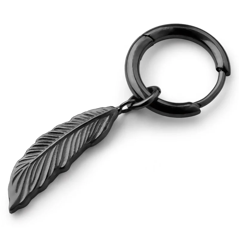 Black Titanium Drop Hoop Earring With Feather Charm for Men - Charm Hoop Earrings