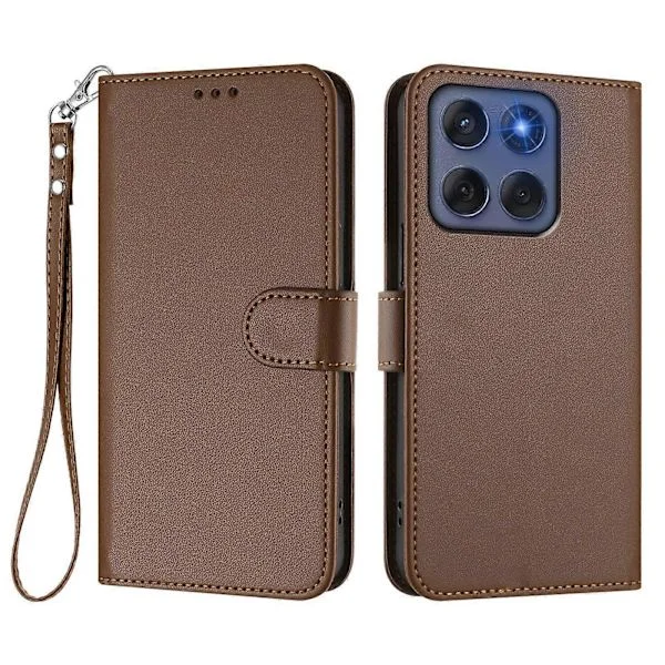 Leather Wallet Stand Case with Wrist Strap for Motorola Edge (2025) 5G/ Motorola Edge 60 5G/ Motorola Edge 60 Fusion 5G (Brown)