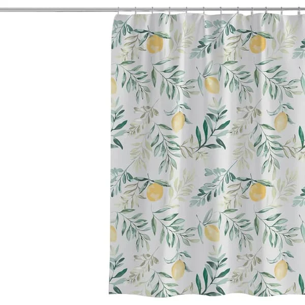 Yellow Lemon Shower Curtain Set, Green Leaves Fresh Fruits Water