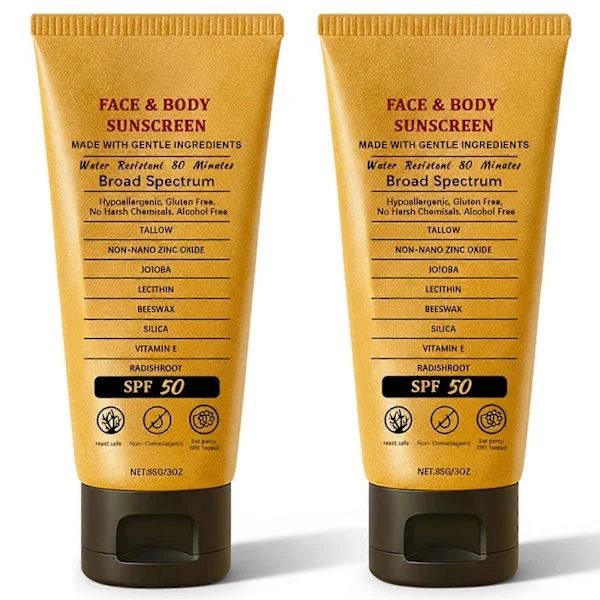 2-pack revsäkert mineralbaserat solskydd SPF 50 med zinkoxid, icke-fet talgformula för ansikte och kropp