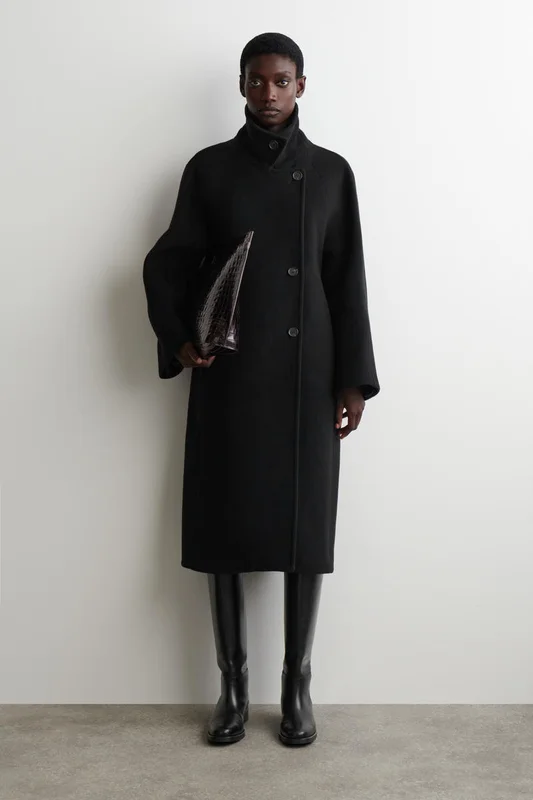 COS Women's Oversized Double-Breasted Wool Long Coat in Black