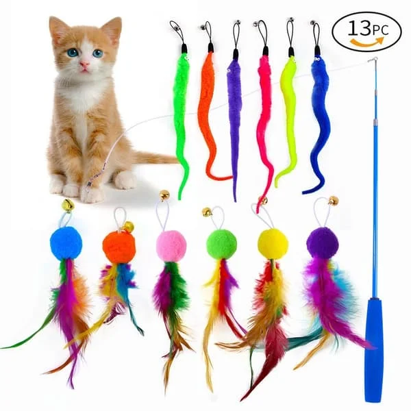 Cat Retraction Rod Interactive Cat Toy Feather Da Bird Cat Extendable Fishing Rod Toy Set (1 Rod and 12 Refill Feathers)