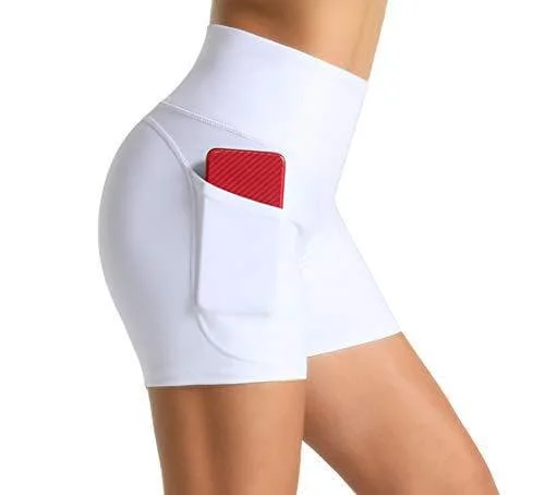 Høy midje yogashorts for kvinner Mage Gym Trening Løpeshorts med dype lommer - M, Hvit