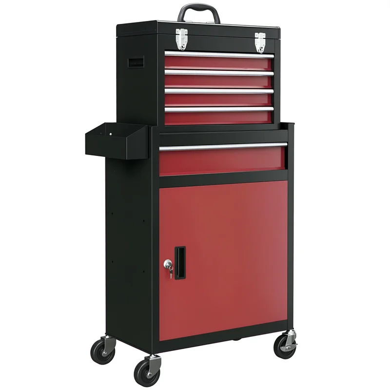 AliExpress - HOMCOM Chariot d'atelier Servante d'Atelier sur roulettes, Chariot avec Caisse à Outils Amovible, 5 tiroirs et armoire verrouill