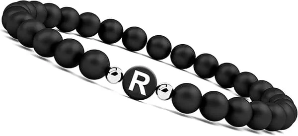 Brevarmbånd - Perlearmbånd for par | Graverte Onyx Pararmbånd | Personlig Svart Perlearmbånd