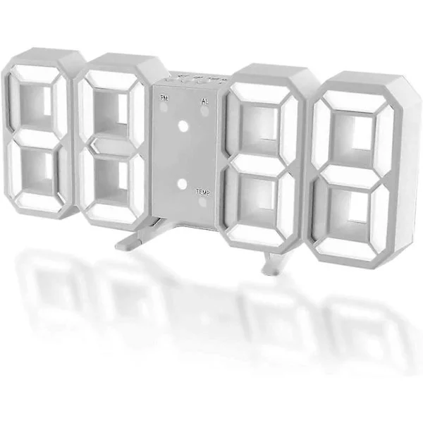 3D digitaalinen herätyskello makuuhuoneeseen, LED-pöytä-USB-sähköinen digitaalinen seinäkello toimistoon, kotiin, olohuoneeseen (valkoinen)