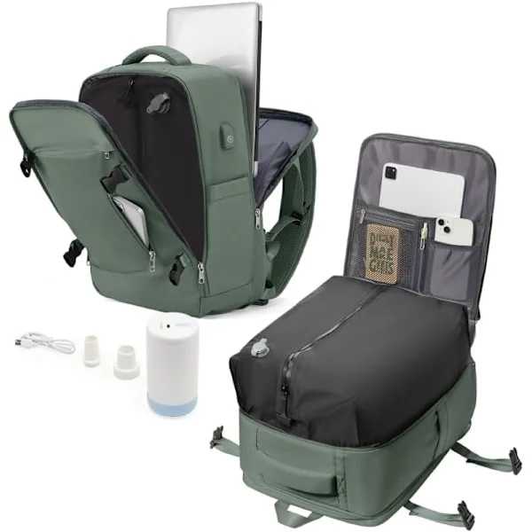 Vacuum Inflatable Cabin Airplane Travel Backpack with Pump - Compression Bag with Airbag, USB Port, Waterproof Cabin Bag - Green
