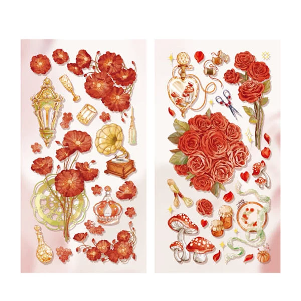 Vintage Röda Blomster Scrapbook Stickers 2 Stycken