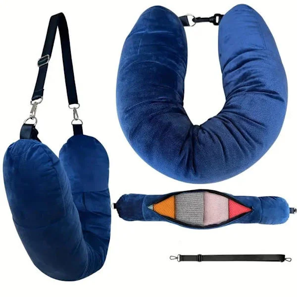 Stuffbar Travel Neck Pillow, Velvet Travel Pillow with Clothing Storage, Flight and Car, 3+ Days Packing_TF_TF Blue