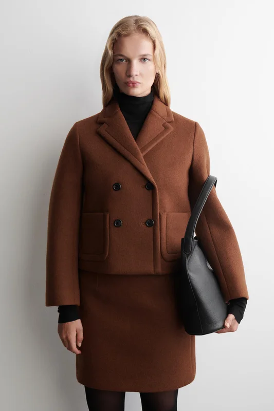 COS Women's Cropped Double-Breasted Wool Blazer in Brown