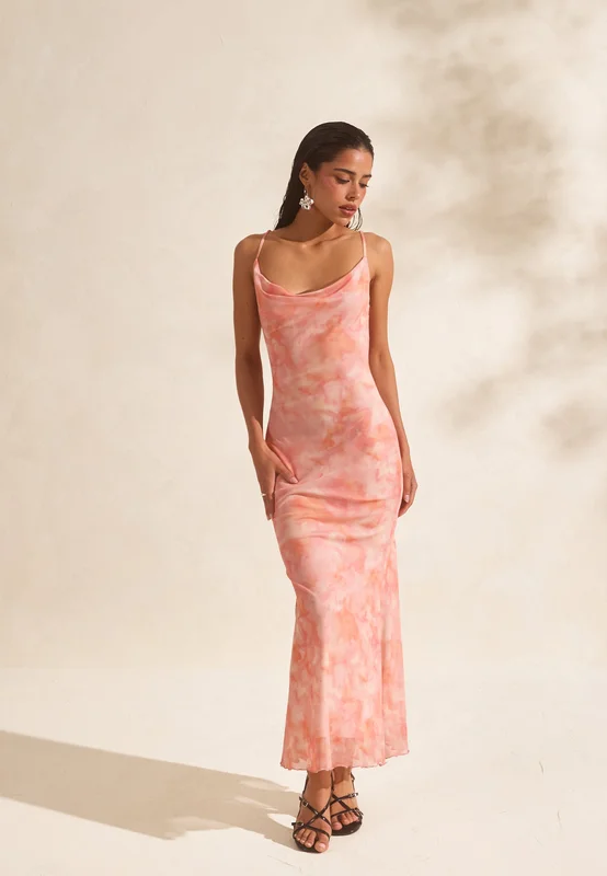 BUBBLEROOM OCCASION - Cowl Neck Mesh Dress - Rosa/Mönstrad - Klänning Bröllopsgäst