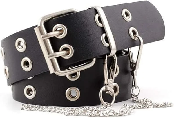 Double-Grommet Belt Leather Punk Waist Belt with Chain for Women Jeans Dresses