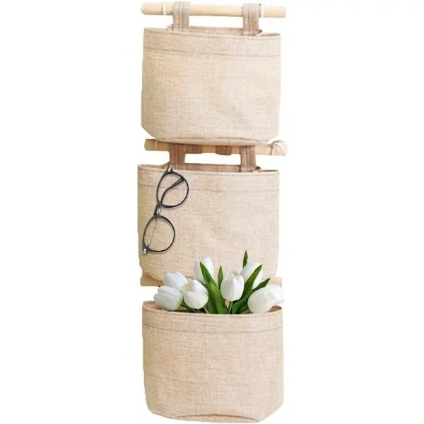 Hanging Storage Bag with Pockets, 3-Layer Cotton Linen Canvas, Hanging Storage Organizer for Wall and Door, for Bedroom and Bathroom
