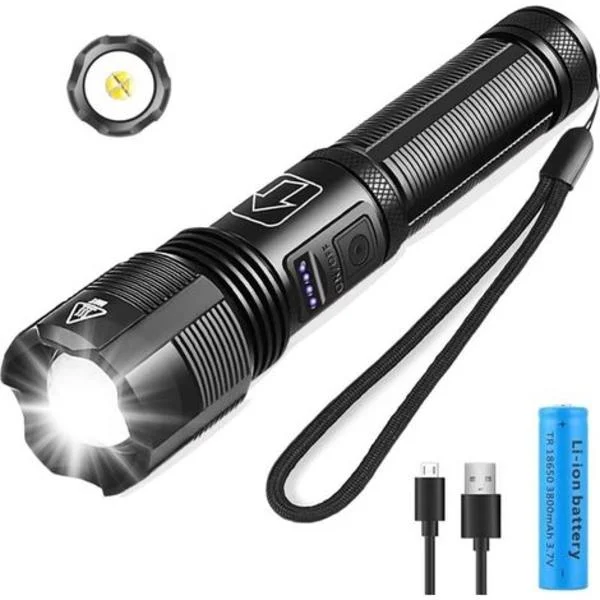 XHP50 LED-lommelykter, 3000 lumen - 18650 oppladbart 3800mAh batteri - Zoom/Vanntett/5 moduser - for camping, fotturer, nødsituasjoner