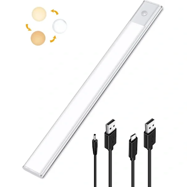 2-i-1 LED-kjøkkenbelysning under skap, USB-oppladbar og 5V DC-drevet, 40 cm selvklebende bevegelsessensor-lyslist, trådløs LED-list