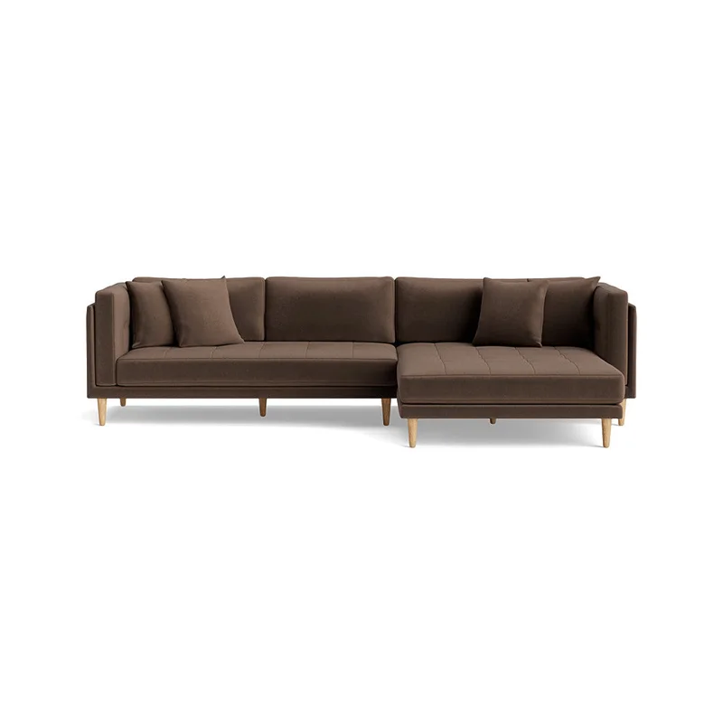 Cali Chaiselong Sofa, Højrevendt - Riviera Brun - 295x170x76cm - Bred Chaiselong med Plads til 2 Voksne, 4 Pyntepuder & Bøgetræsben