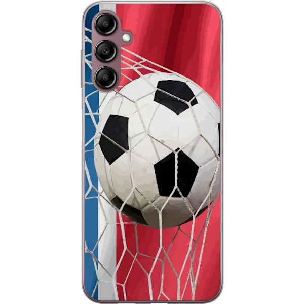 Kompatibelt Mobilskal till Samsung Galaxy A14 5G Fotboll som träffar nätet framför Norges färger i klassiskt sportmotiv med matchkänsla
